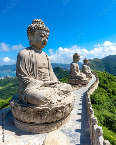 Serene Buddha statues on hillside overlooking coastal vista