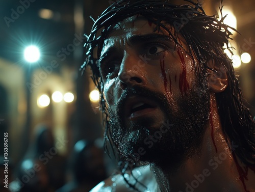 Portrait of Jesus Christ wearing a crown of thorns, symbolizing sacrifice, suffering, and redemption, often associated with Holy Week and the Passion of Christ.
