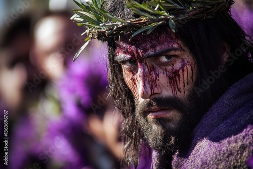 Portrait of Jesus Christ wearing a crown of thorns, symbolizing sacrifice, suffering, and redemption, often associated with Holy Week and the Passion of Christ.