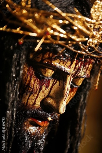 Portrait of Jesus Christ wearing a crown of thorns, symbolizing sacrifice, suffering, and redemption, often associated with Holy Week and the Passion of Christ.