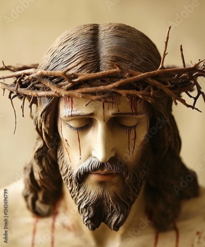 Portrait of Jesus Christ wearing a crown of thorns, symbolizing sacrifice, suffering, and redemption, often associated with Holy Week and the Passion of Christ.