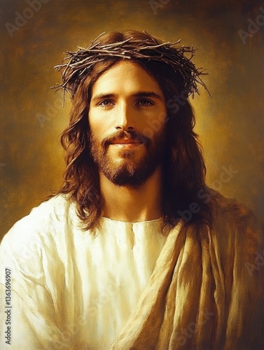 Portrait of Jesus Christ wearing a crown of thorns, symbolizing sacrifice, suffering, and redemption, often associated with Holy Week and the Passion of Christ.