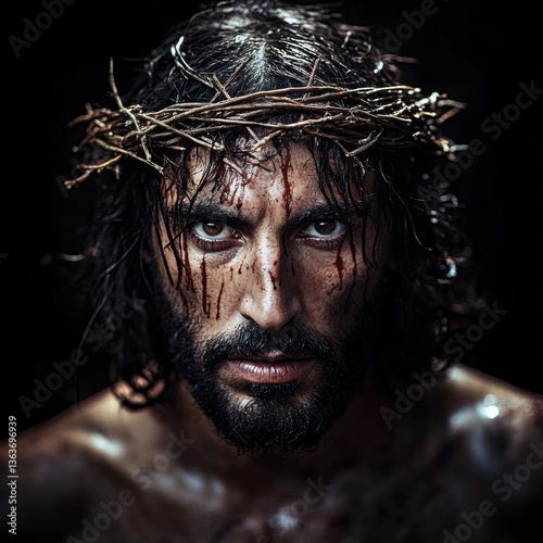 Portrait of Jesus Christ wearing a crown of thorns, symbolizing sacrifice, suffering, and redemption, often associated with Holy Week and the Passion of Christ.