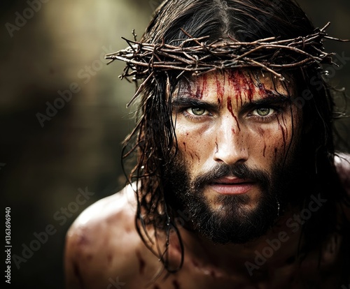 Portrait of Jesus Christ wearing a crown of thorns, symbolizing sacrifice, suffering, and redemption, often associated with Holy Week and the Passion of Christ.