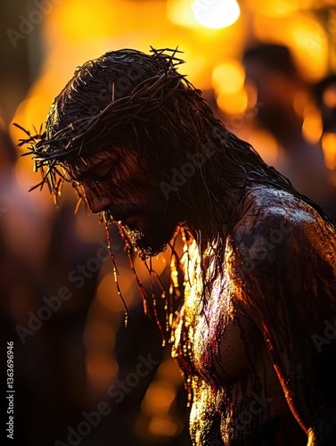 Portrait of Jesus Christ wearing a crown of thorns, symbolizing sacrifice, suffering, and redemption, often associated with Holy Week and the Passion of Christ.