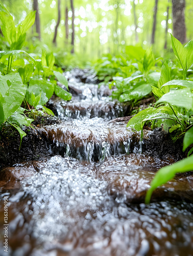 Serene forest stream flowing over rocks, lush green foliage