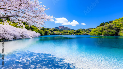 Serene lake reflecting cherry blossoms under a vibrant blue sky, mountain backdrop