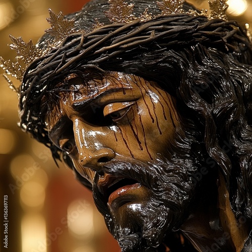 Portrait of Jesus Christ wearing a crown of thorns, symbolizing sacrifice, suffering, and redemption, often associated with Holy Week and the Passion of Christ.