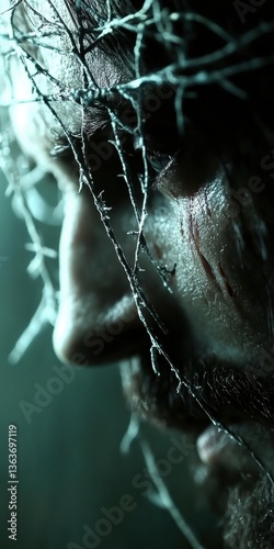Portrait of Jesus Christ wearing a crown of thorns, symbolizing sacrifice, suffering, and redemption, often associated with Holy Week and the Passion of Christ.