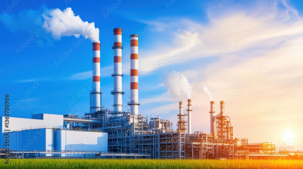 Obraz premium Industrial power plant with smoke stacks and blue sky
