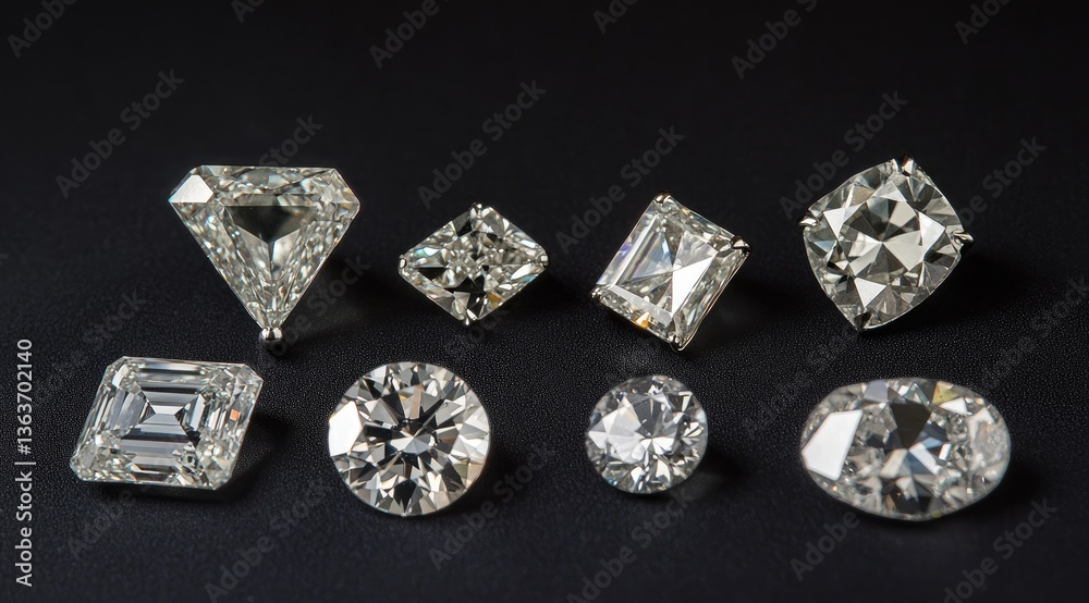 Assortment of brilliant cut diamonds in various shapes. Different facets and cuts of precious gems, showcasing brilliance and clarity. High-quality gems, ideal for jewelry Assortment of brilliant cut diamonds in various shapes. Different facets and cuts of precious gems, showcasing brilliance and clarity. High-quality gems, ideal for jewelry