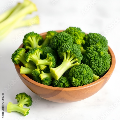 Fresh green broccoli florets in wooden bowl on table surface