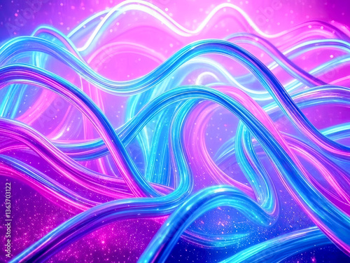 A futuristic background of glowing light blue and green lines, data particles flowing in the air. Streaming data. Data Flow