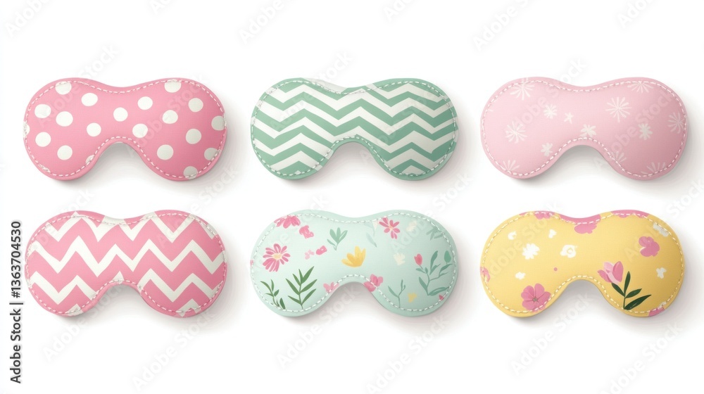 Six patterned sleep masks on white background; website design or product catalog Six patterned sleep masks on white background; website design or product catalog