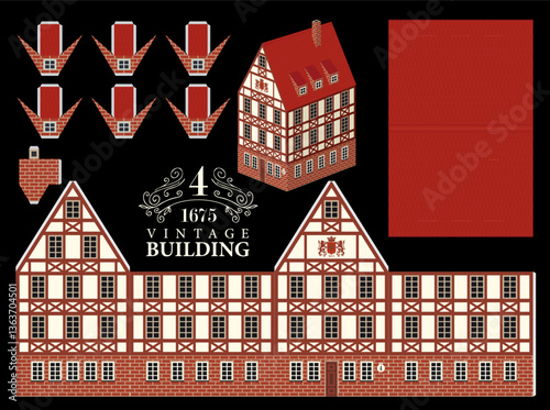 Old building model in classic European German or Bavarian style with tiled roof. Vector paper cutout mockup sets. Cute old vintage Christmas toy house