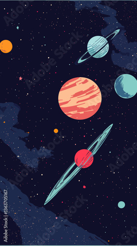 Colorful Minimalist Vector Poster of Planets in Endless Universe