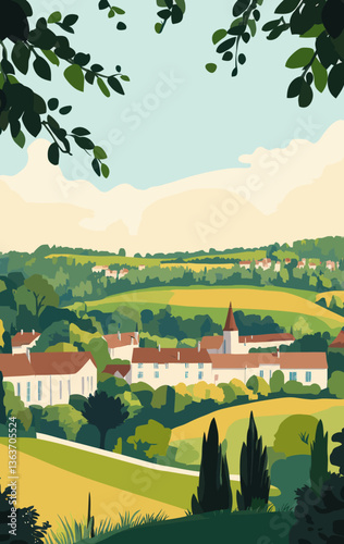 Retro French Landscape Tourism Poster of Bergerac in Nouvelle-Aquitaine