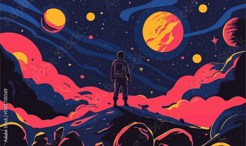 Retro Futuristic Space Scene with Astronaut on Planet Amongst Stars and Galaxies