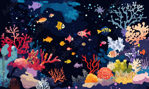 Colorful Underwater World with Coral Reefs and Exotic Fish in Minimalist Vector Style