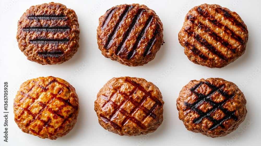 Assorted grilled burger patties with different char patterns on white background
