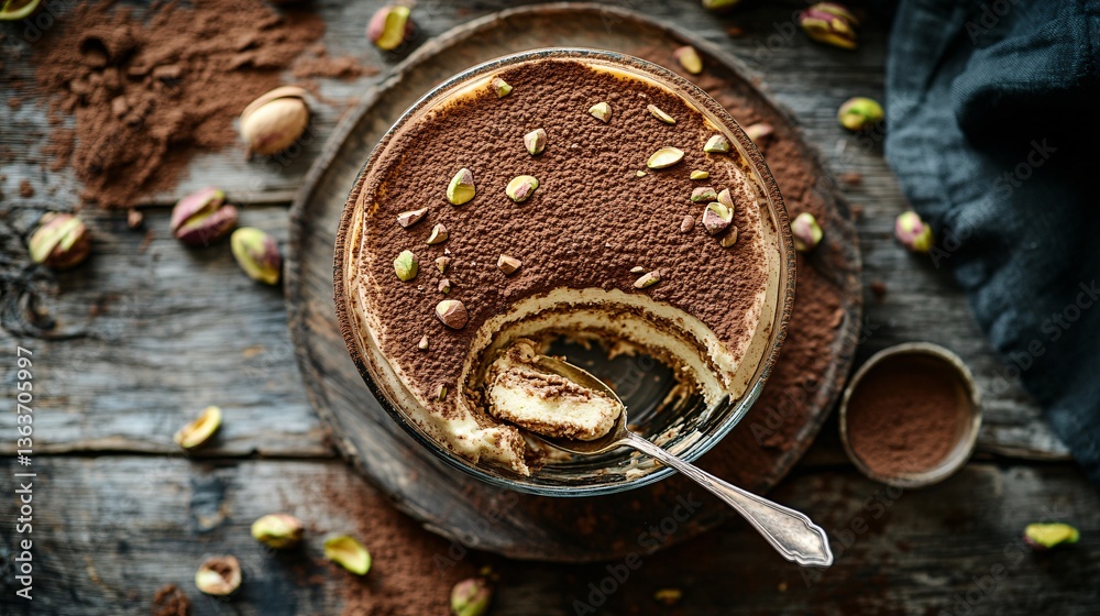 Overhead shot of a delicious tiramisu dessert in a glass dish, complemented by cocoa powder and pistachios on a rustic wooden surface. Overhead shot of a delicious tiramisu dessert in a glass dish, complemented by cocoa powder and pistachios on a rustic wooden surface.
