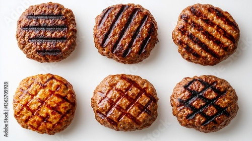 Obraz na płótnie Assorted grilled burger patties with different char patterns on white background w salonie