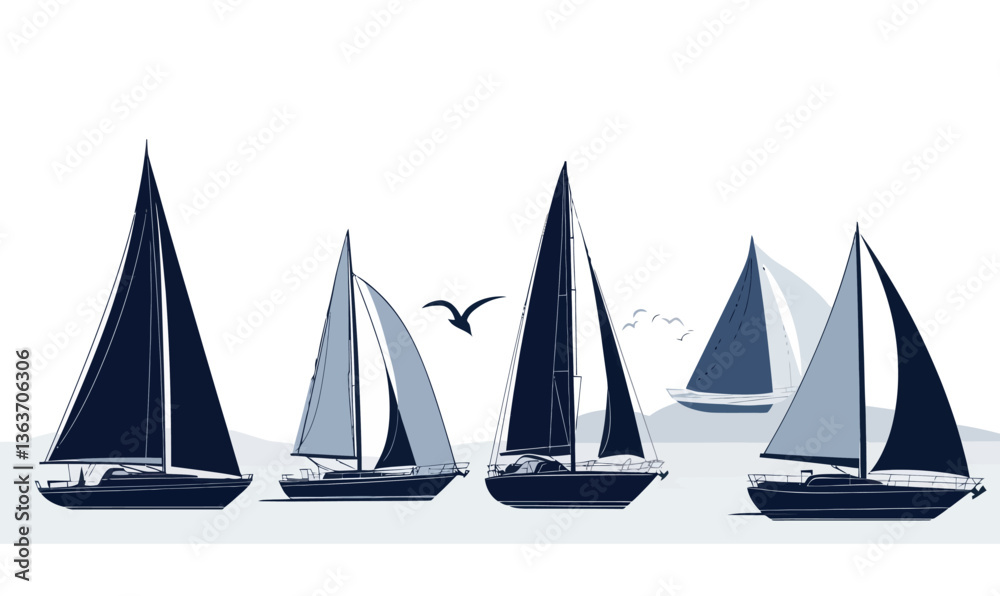 Naklejka premium Elegant Silhouettes of Sailing Yachts at Sea with Minimalistic Design