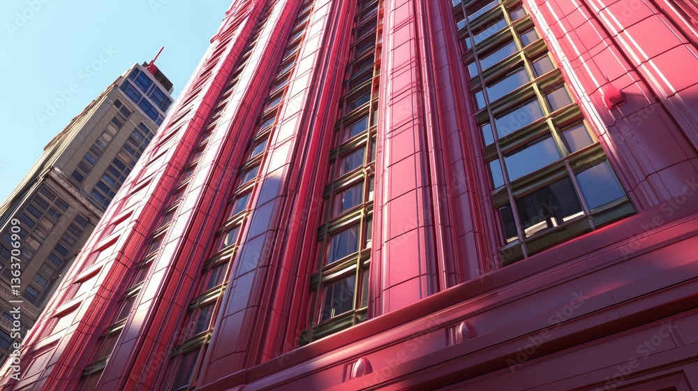 Fototapeta premium Modern pink skyscraper facade, urban city background, architectural design, for use in commercial print, digital design