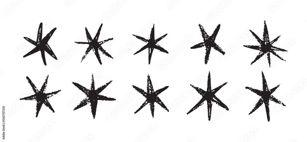 Grunge black stars brush spray paint. Hand drawn doodle stars texture, rough modern elements.