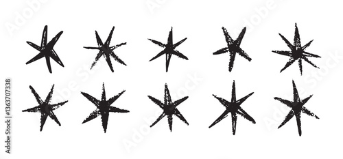 Grunge black stars brush spray paint. Hand drawn doodle stars texture, rough modern elements.
