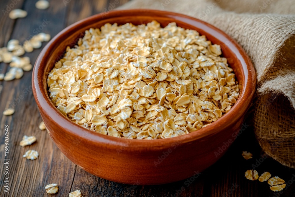 A rustic bowl filled with rolled oats sits on a wooden table. The warm colors of the oats contrast with the natural textures of burlap. This wholesome scene suggests a nutritious meal prep A rustic bowl filled with rolled oats sits on a wooden table. The warm colors of the oats contrast with the natural textures of burlap. This wholesome scene suggests a nutritious meal prep