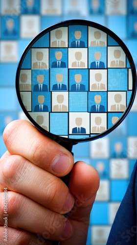 Hand holds magnifying glass over grid with candidate faces, for HR, recruitment, or talent search