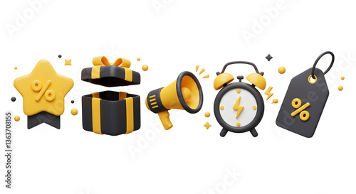 3D Black Friday sale set icon. Shopping promotion and discount. Megaphone, price tag, gift box and alarm clock with flash. Cartoon creative design icon isolated on white background. 3D Rendering