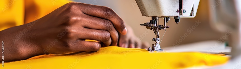 Fototapeta premium Hand sewing with machine on bright yellow fabric