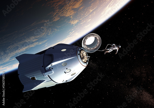 An astronaut walks into outer space from a private spacecraft capsule orbiting the Earth. 3D illustration.