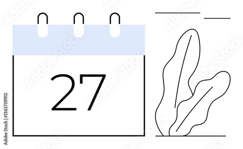 Calendar with bold date 27 highlighted, complemented by abstract plant lines and minimal design. Ideal for scheduling, organization, events, deadlines, time management, simplicity, flat simple