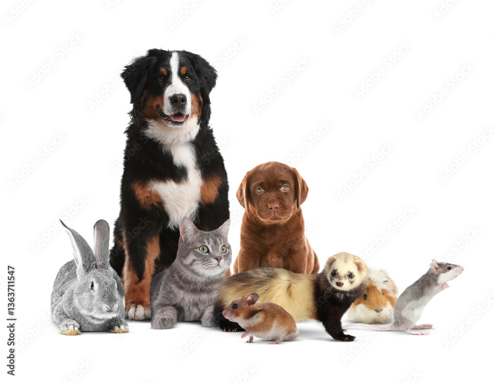 Obraz premium Group of cute domestic pets on white background