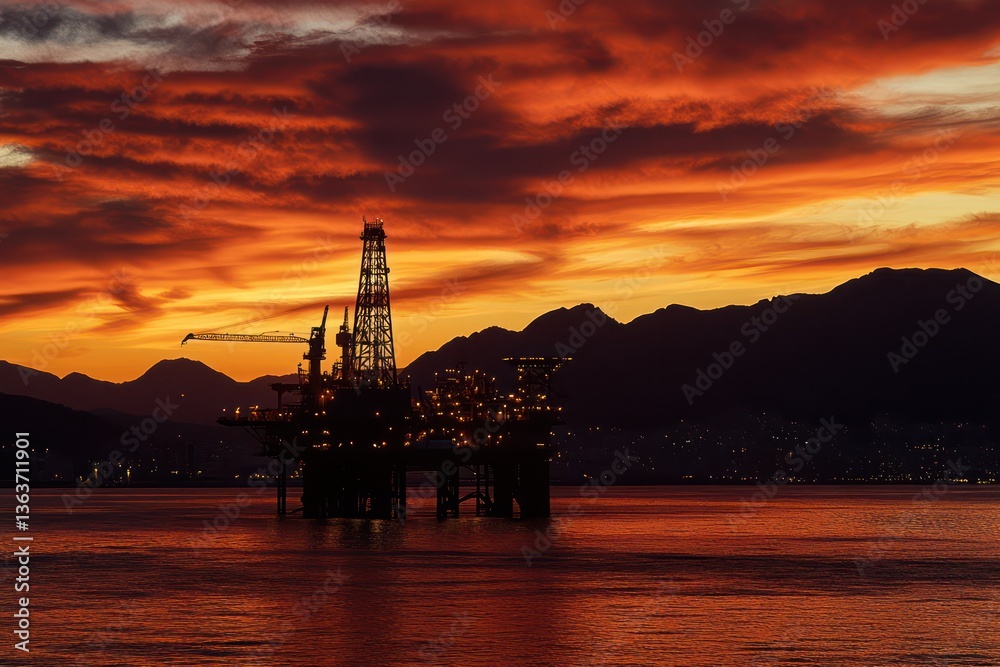 Obraz premium Offshore oil rig at sunset, mountains backdrop, city lights