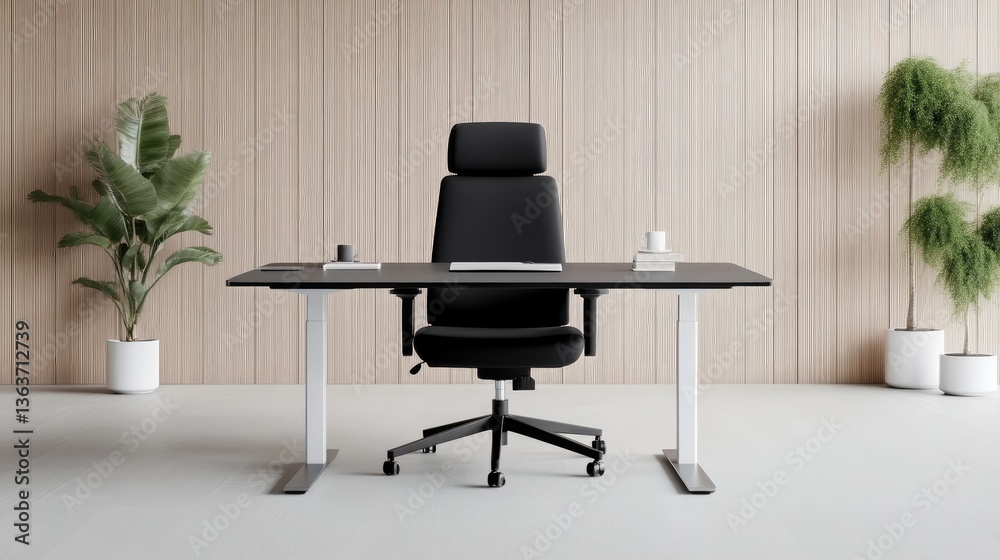 Fototapeta premium Modern minimalist workspace with adjustable standing desk and ergonomic chair
