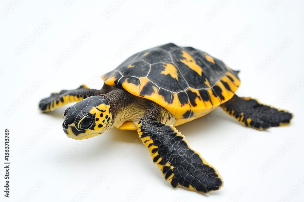 Obraz premium Hawksbill Sea Turtle Crawling on a White Background Looking at Camera