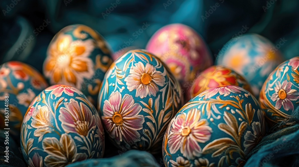 Close-up of Easter eggs with floral patterns Close-up of Easter eggs with floral patterns