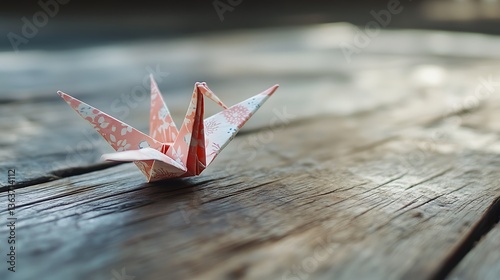 A delicately folded paper crane rests on a wooden surface