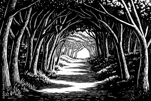 hand drawn Natural archway shaped by branches in the forest black and white sketch outline