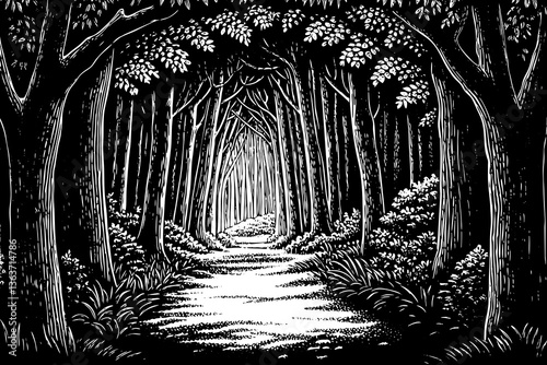 hand drawn Natural archway shaped by branches in the forest black and white sketch outline