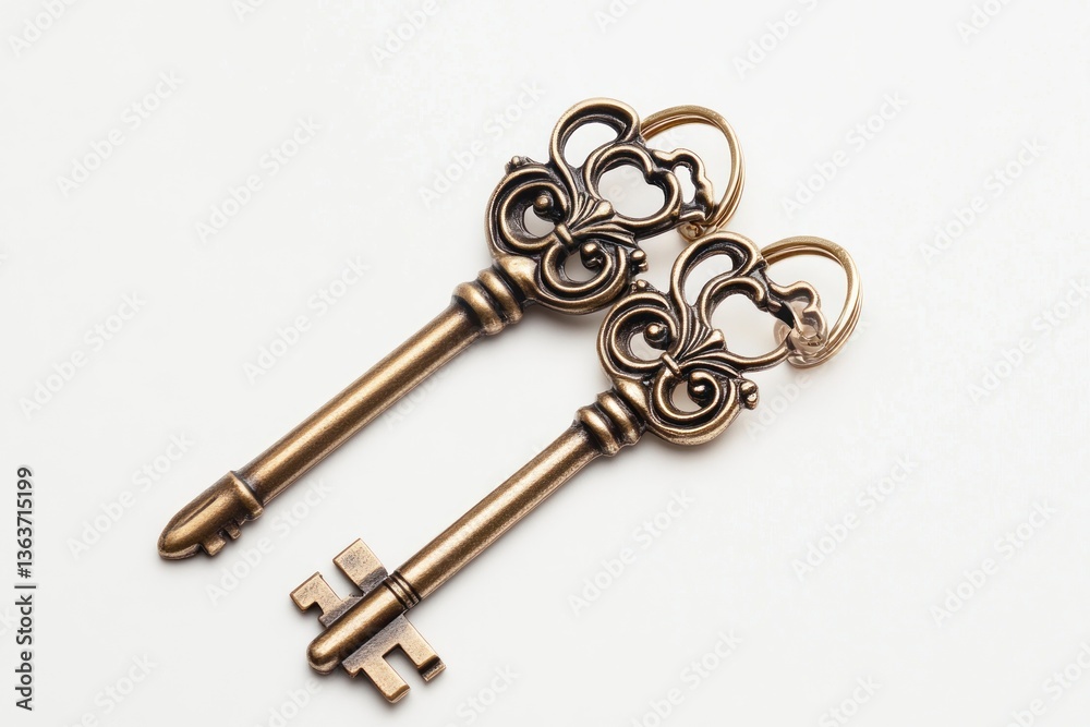 Two Antique Keys Close Up on White Background for Security Concept Two Antique Keys Close Up on White Background for Security Concept