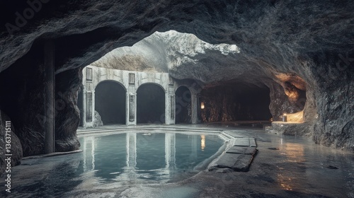 Hidden underground lair carved into stone with futuristic architectural elements