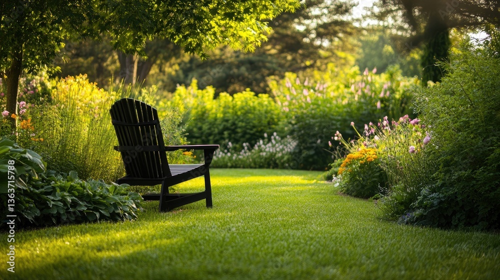 Black chair placed in a serene garden setting Black chair placed in a serene garden setting