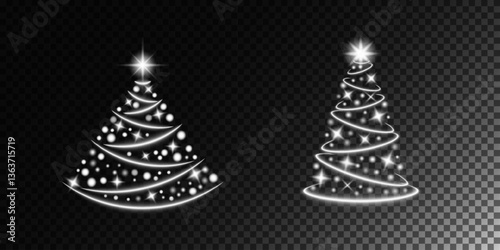 Christmas trees. Set of luminous elements, light, shiny rays, luminous lines, New Year's luminous decorations, rays of light. Set of lighting effects, effect 8. Set of isolated objects 25.