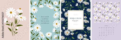 Floral patterned covers for notebook, calendar, journal or sketchbook. Botanical backgrounds and frames with hand-drawn daisy flowers.