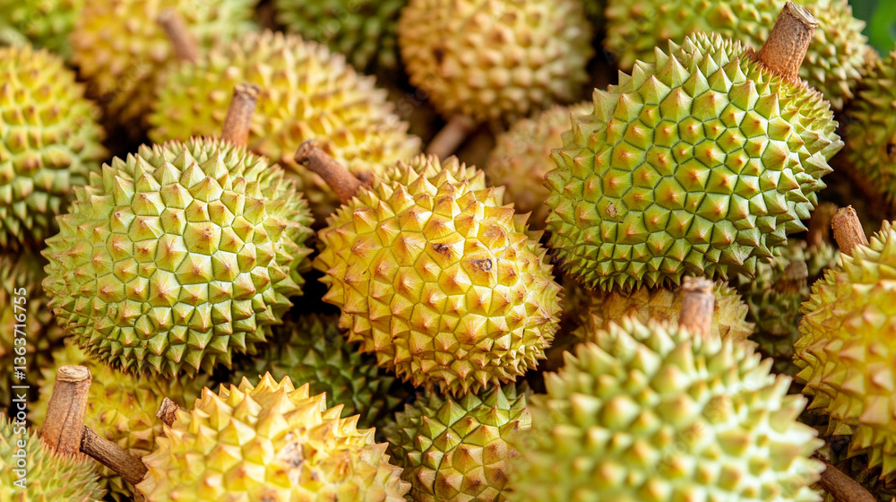 pile of durian fruits with spiky skin, symbolizing the exotic and bold nature of tropical produce. Known for their strong odor, these fruits evoke a sense of daring culinary exploration pile of durian fruits with spiky skin, symbolizing the exotic and bold nature of tropical produce. Known for their strong odor, these fruits evoke a sense of daring culinary exploration